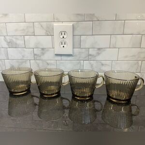Set of 4 Amber Brown Ribbed Glass Coffee Latte Mugs 13.5 oz capacity